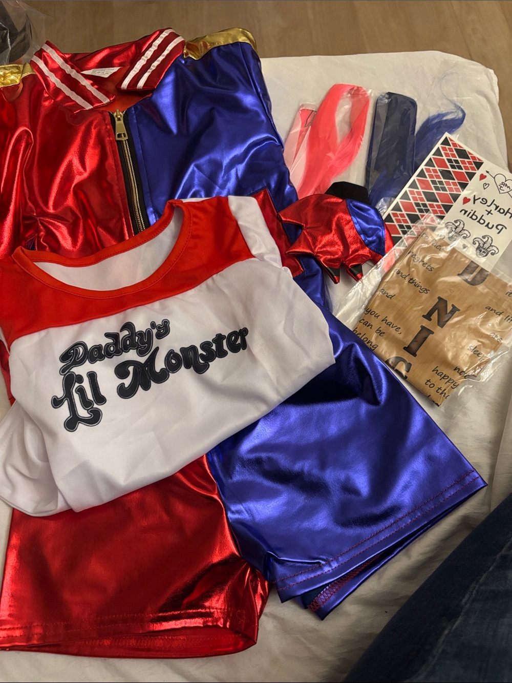 Complete Harley Quinn toddler red ,blue and white costume